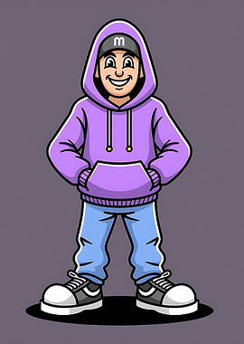 Smiling cartoon boy mascot in purple hoodie, cap, sneakers, full body