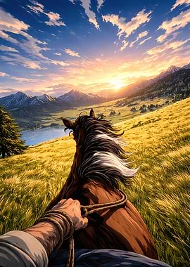 Riding a horse at sunset Anime style