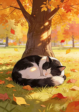 Cat Sleeping Under Autumn Tree