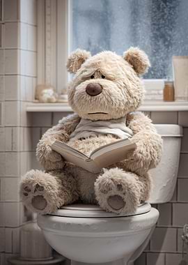 Sad Teddy Bear Reading on Toilet