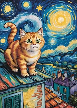 Cat in Van Gogh Style Night Sky