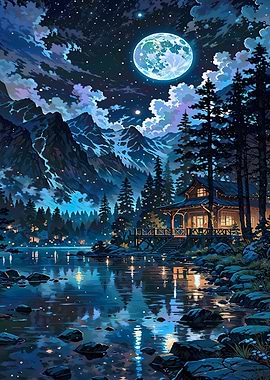 Enchanting Moonlit Mountain Lake Cabin