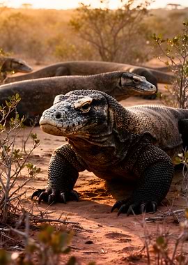 Komodo Dragons in Golden Hour Light