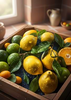 Fresh Citrus Fruits in a Wooden Crate