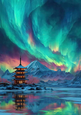 Japanese Pagoda Under Aurora Borealis