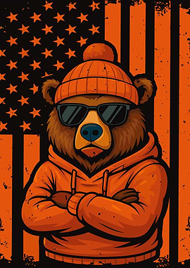 Cool Bear Poster, Urban Street Art Print, American Flag Hoodie Wall Decor