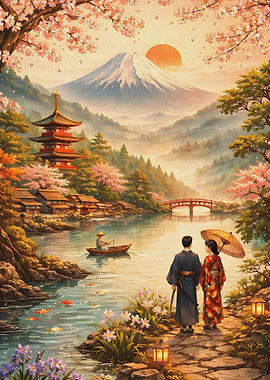 Japanese Landscape with Mount Fuji