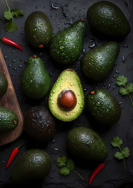 Fresh Avocados with Water Droplets