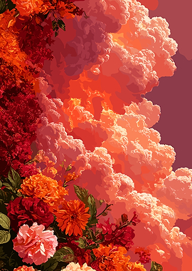 Vibrant Floral Arrangement with Fiery Clouds