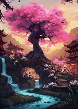 Enchanting Japanese Garden with Cherry Blossoms