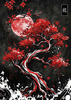 Red Bonsai Tree Under a Full Moon