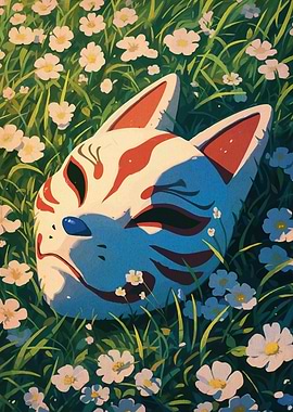 Kitsune Mask in a Field of Flowers