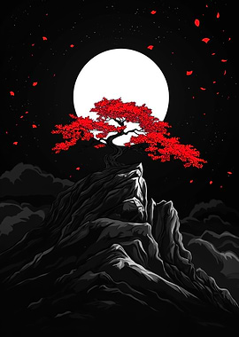 Red Tree on Mountain Under Moon