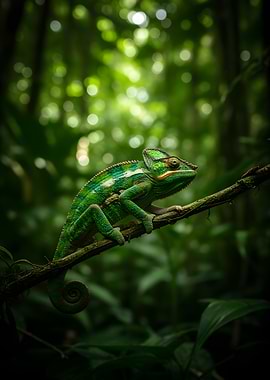 Green Chameleon on a Branch