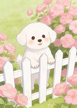 Cute white dog peeking over a fence