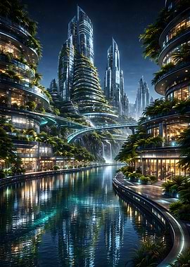 Futuristic Eco-Cityscape at Night