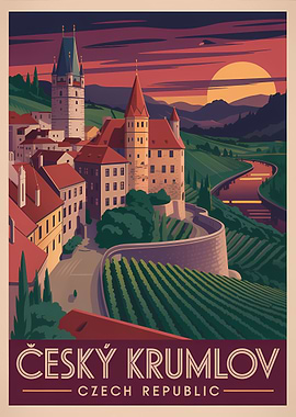 Český Krumlov Vintage Travel Poster