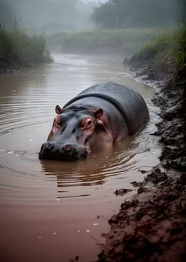 Hippopotamus in a Misty River