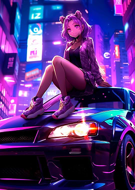 Anime Girl on a Car in Neon City
