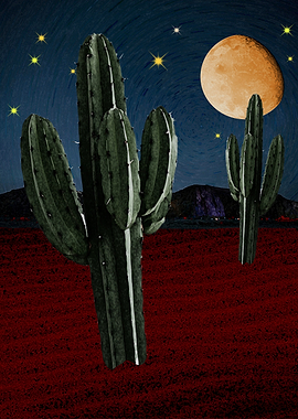 Desert Night with Cacti and Moon