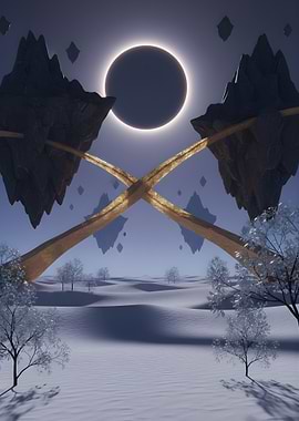 Surreal Eclipse Over Floating Islands