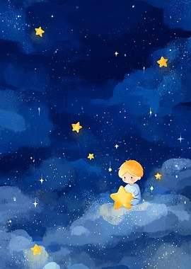 Boy Holding a Star in the Night Sky