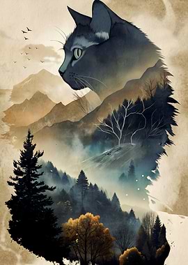 Cat Silhouette Landscape Nature Painting