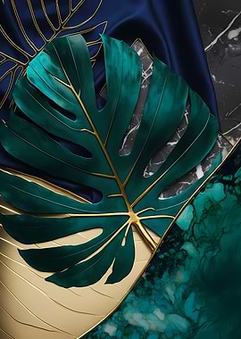 Monstera Leaf with Marble and Gold