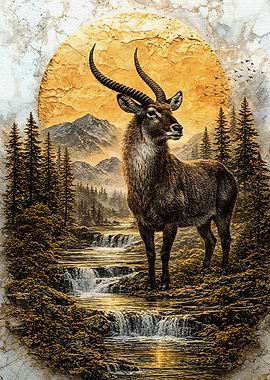 Waterbuck by a Waterfall