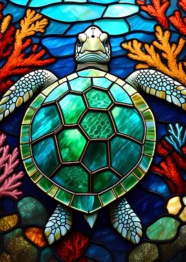 Stained Glass Sea Turtle with Coral