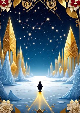 Penguin in a fantasy ice palace under the stars