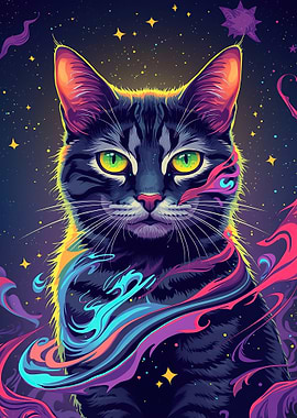 Cosmic Cat with Neon Swirls