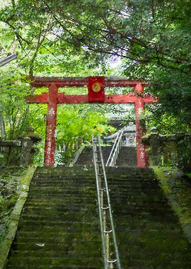 Red Torii Gate and Mossy Stairs