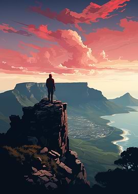 Man on cliff overlooking city and ocean