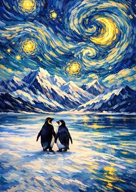 Penguins Under Starry Night Sky