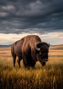 Bison in a field under stormy skies