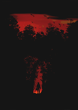 Sillent hill Silhouette of a figure in a forest at sunset