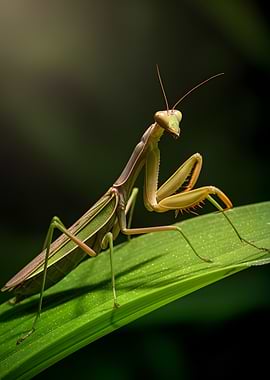 Praying Mantis on Green Leaf