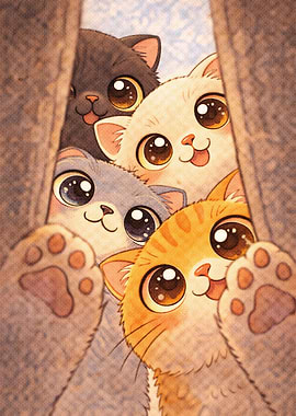 Cute Kittens Peeking Through Curtains