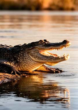 Alligator with mouth open at sunset