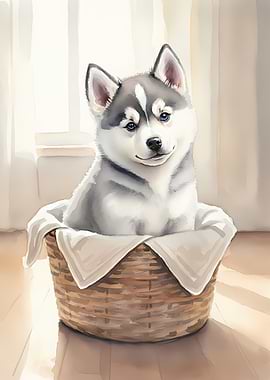 Cute Husky Puppy in a Basket