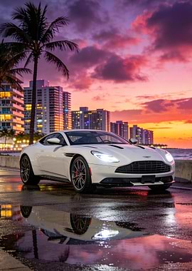 White Aston Martin at Sunset