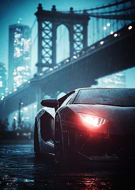 Luxury car in rainy city Poster