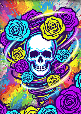 Skull with Roses and Colorful Background