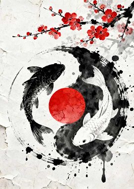 Yin Yang Koi Fish and Cherry Blossoms