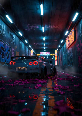 Cyberpunk Car in Neon Tunnel