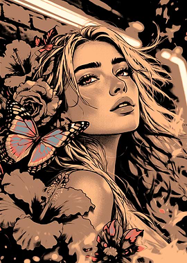 Woman with Butterfly and Flowers