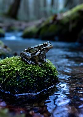 Frog on mossy rock in stream