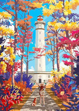 Autumn Path to Lighthouse with Girl and Dog