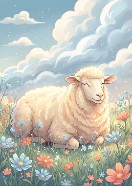 Peaceful Sheep in a Flower Field